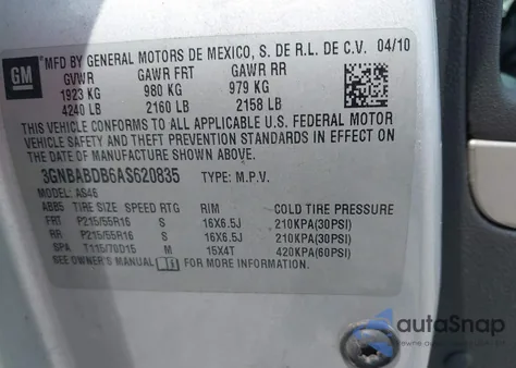 2010 Chevrolet Hhr Lt from USA, damaged, VIN 3GNBABDB6AS620835